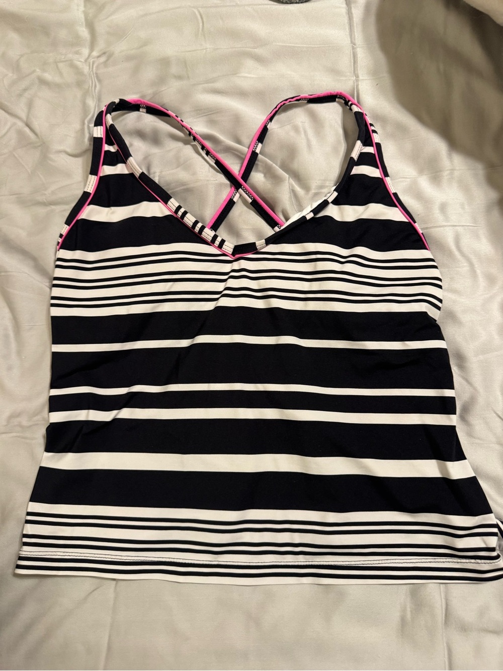 Striped Black & White Tankini top with Pink Trim